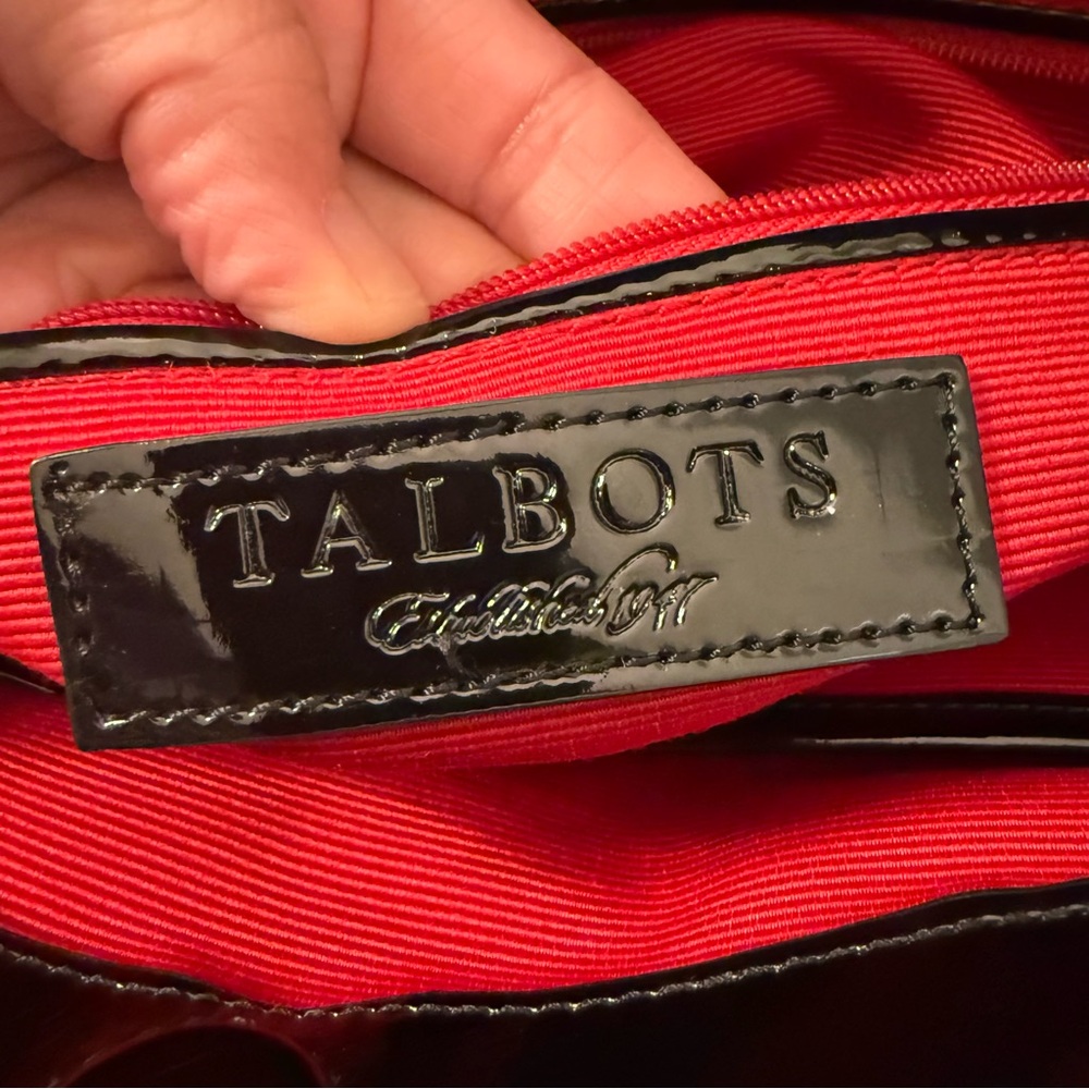 Talbots Black Red Floral Fabric Shoulder Tote Black Faux Patent Leather Trim - Picture 8 of 13